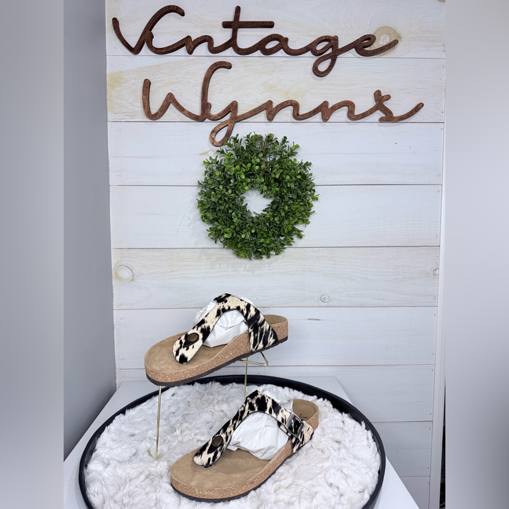 MYRA CHINO HAIR ON HIDE LEATHER SANDALS WESTERN TOE LOOP FLATS W/ CORK SOLE NWOT